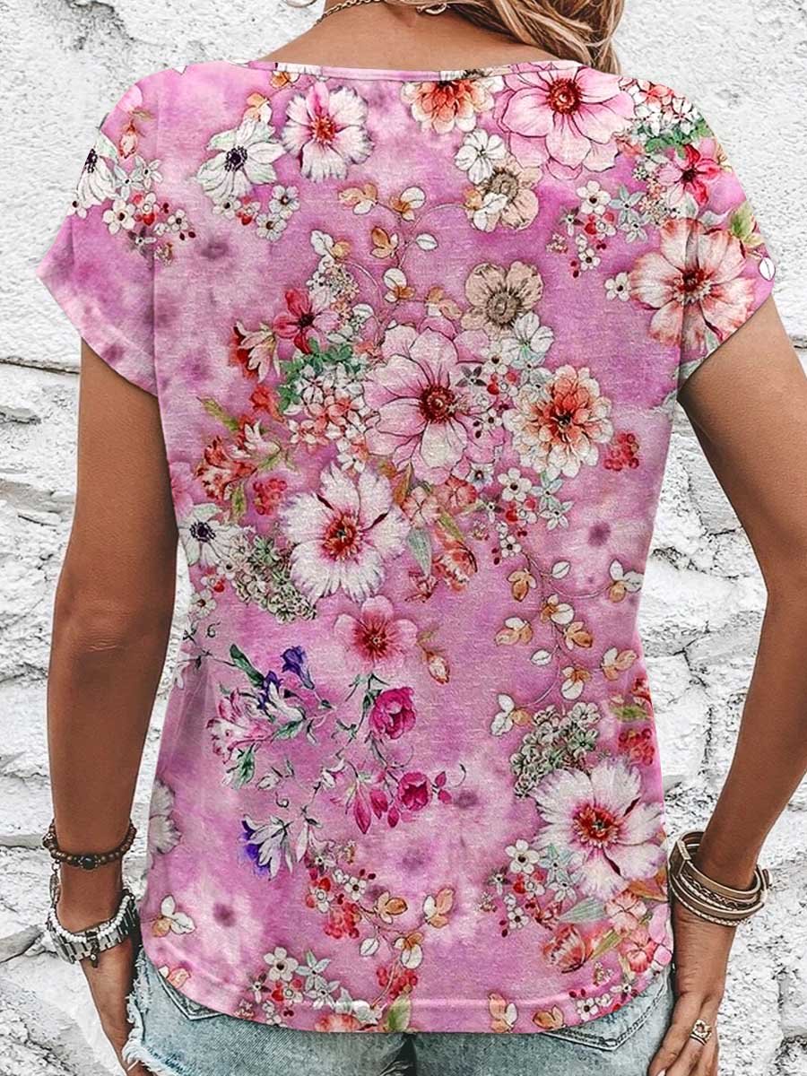 T-shirt en coton à manches courtes et col rond avec imprimé floral pour femme