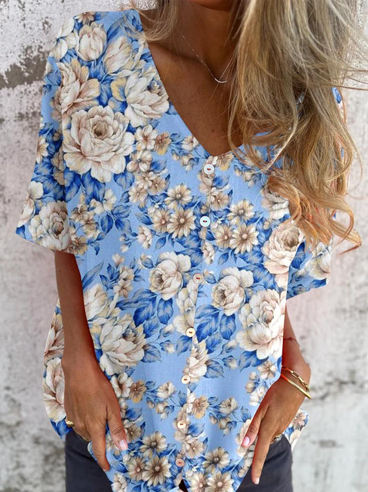 Haut élégant en coton et lin à motif floral rose pour femme