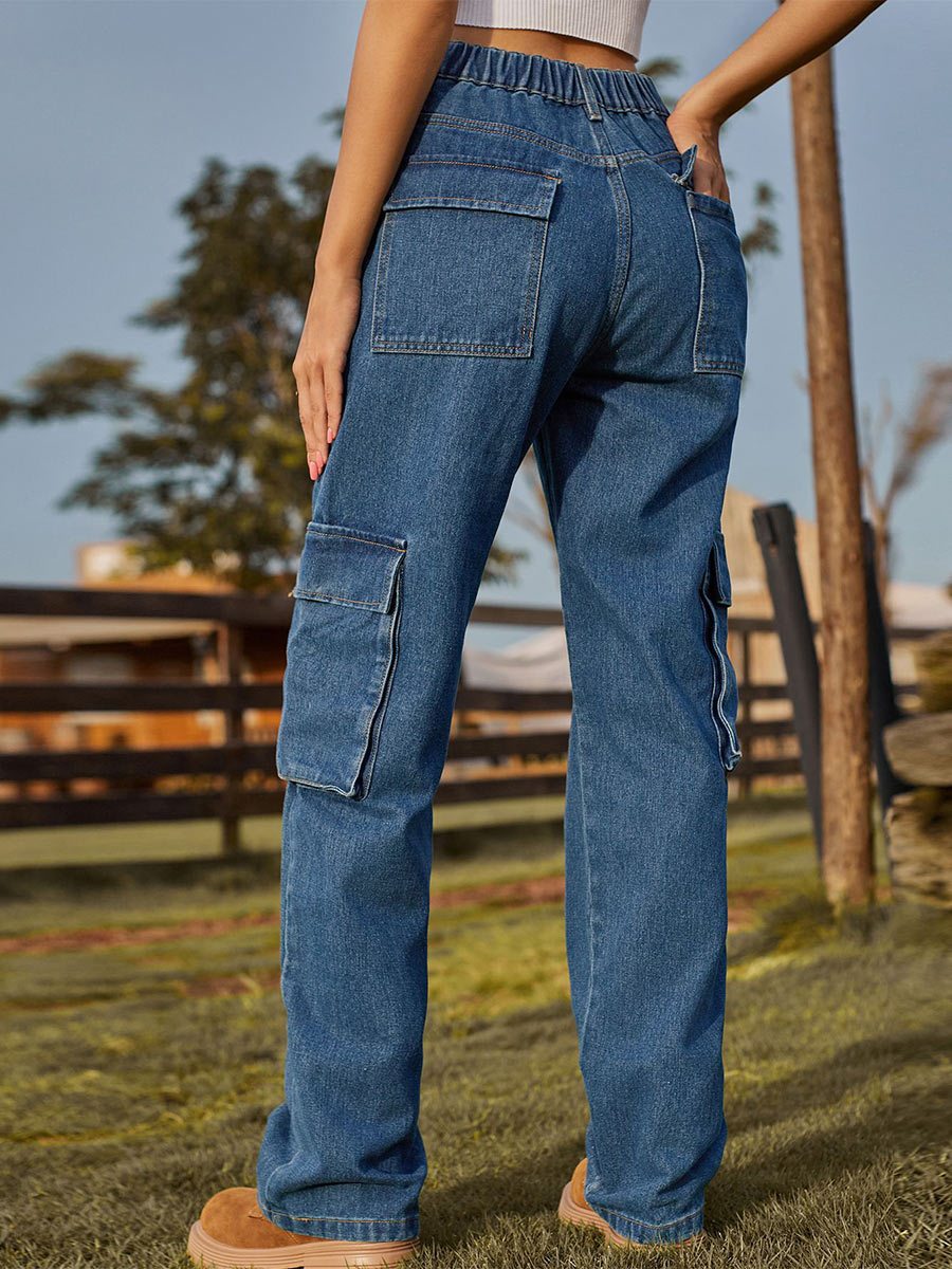 Women's Washed Multi-Pocket Denim Workwear Casual Pants