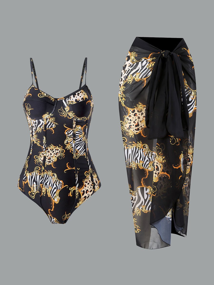 Women's One-piece Swimsuit Retro Printed Chiffon Long Skirt