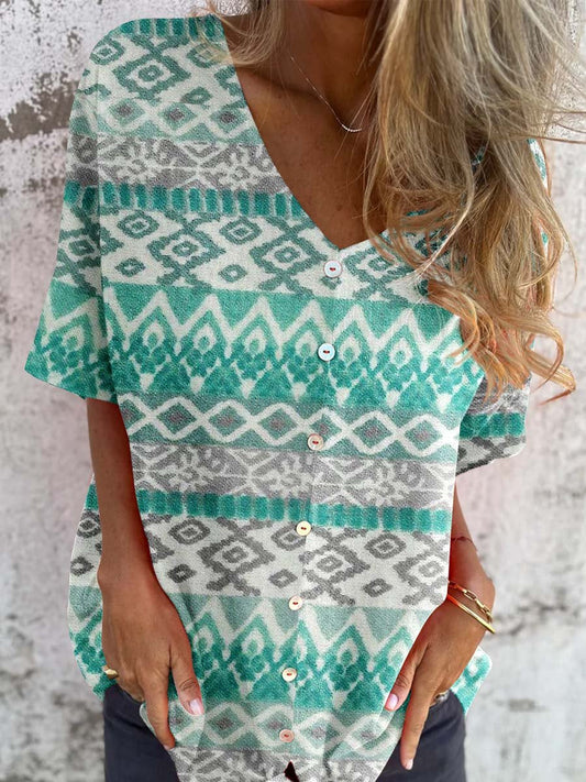 Haut élégant en coton et lin à motif floral vintage pour femme