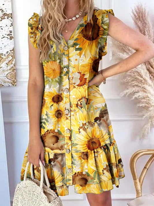 Robe élégante à motif floral tournesol pour femme avec ourlet à volants et manches