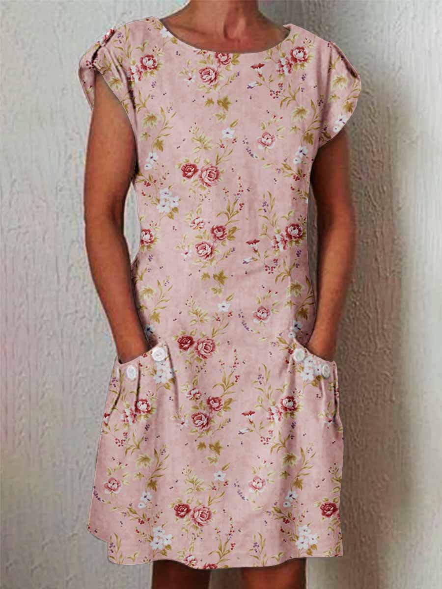 Women's Elegant Rose Rose Floral Pattern Cotton and Linen Dress with Pockets