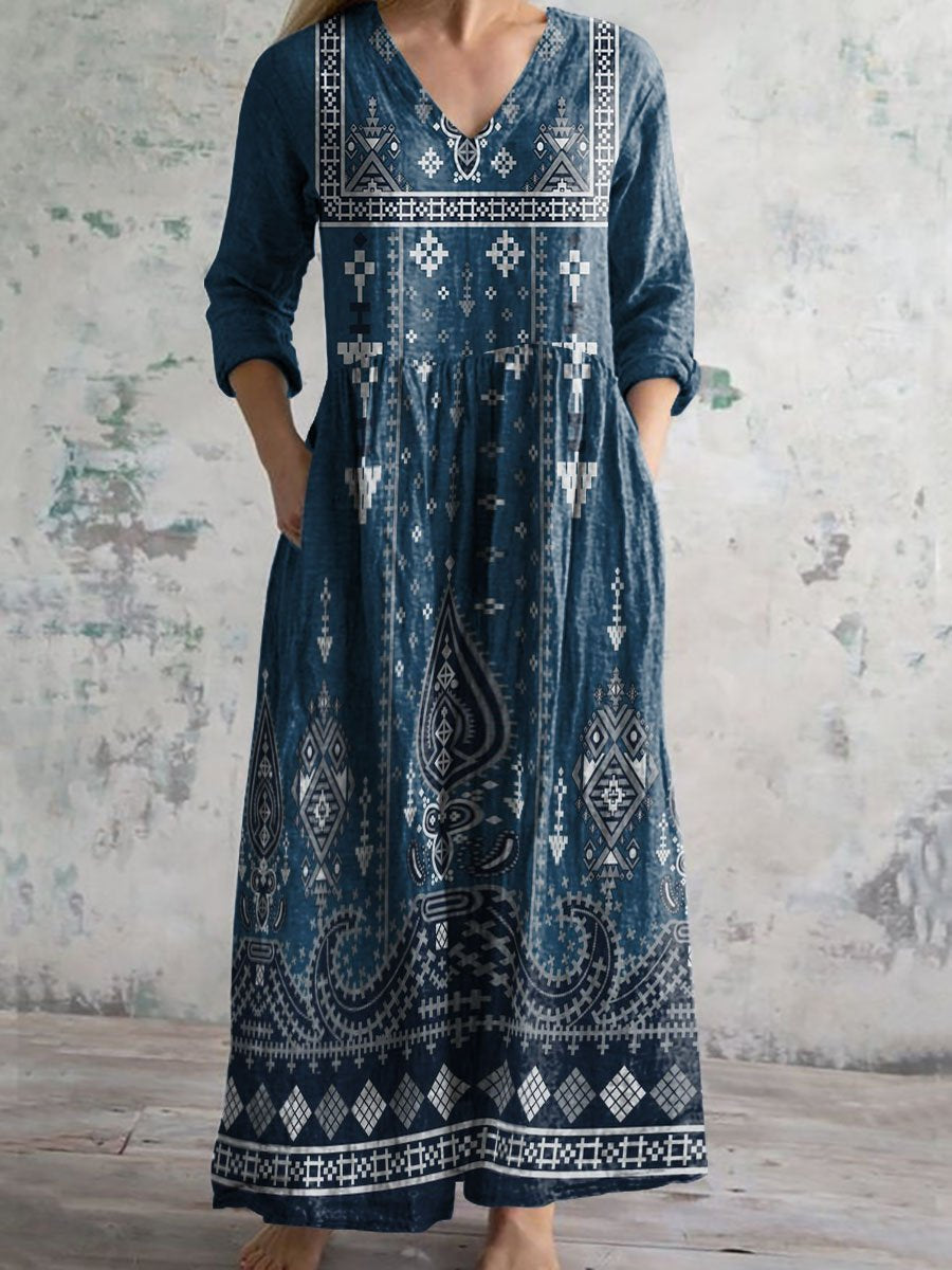 Robe à poches en coton et lin à motif bohème à col en V pour femme