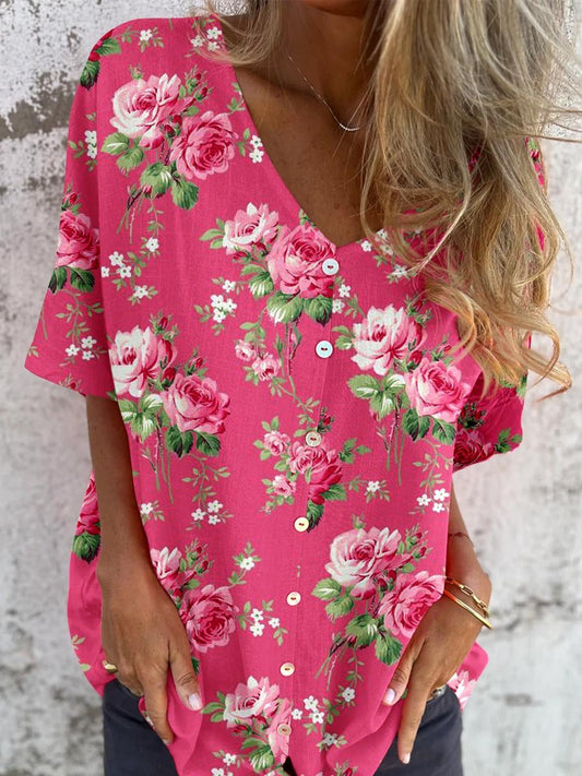 Cardigan élégant à col en V et motif floral simple pour femme en coton et lin