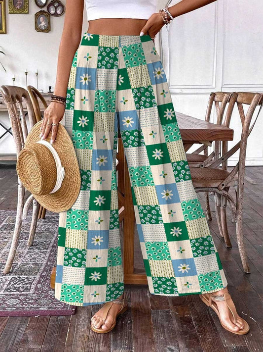 Pantalon en coton et lin à motif floral pastoral élégant pour femme