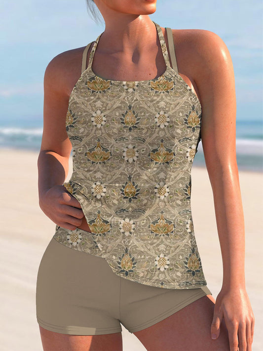 Maillot de bain tankini 2 en 1 à imprimé floral continu vintage marron et faux Criss Cross