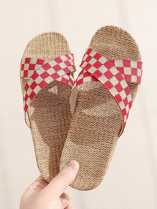 Chaussons d'intérieur antidérapants à semelle épaisse en lin à carreaux pour femmes