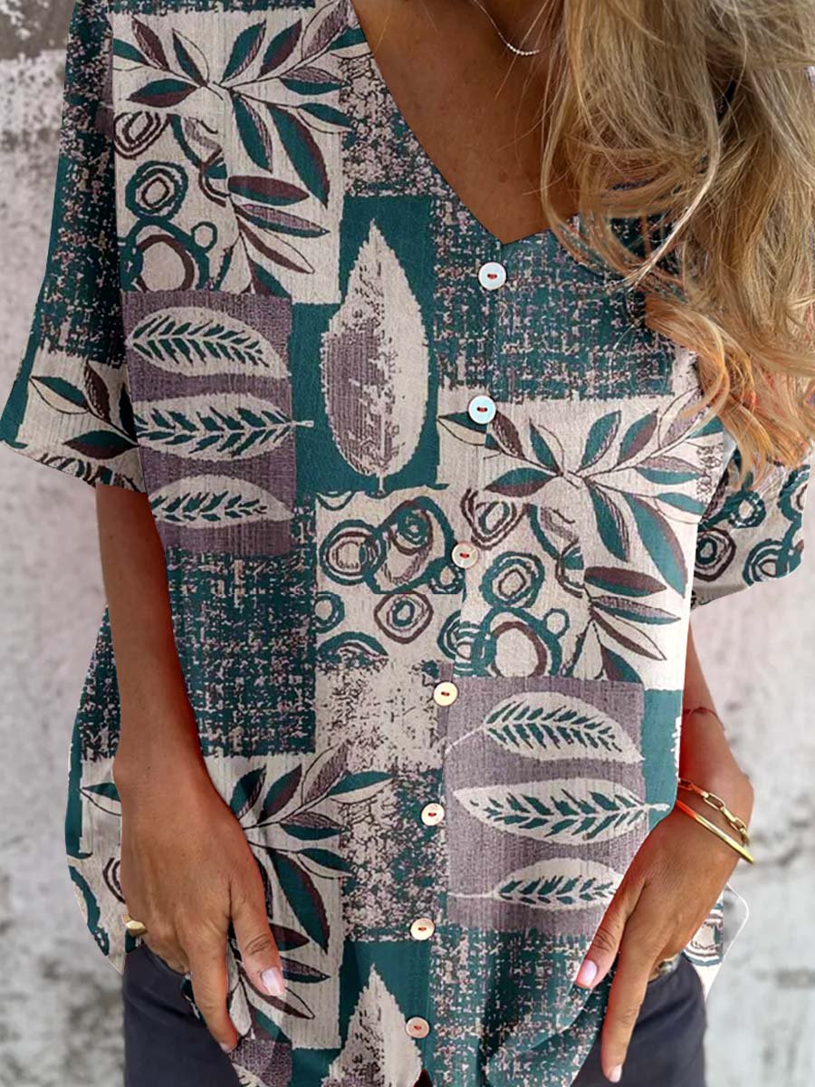 Haut élégant en coton et lin à motif floral vintage pour femme