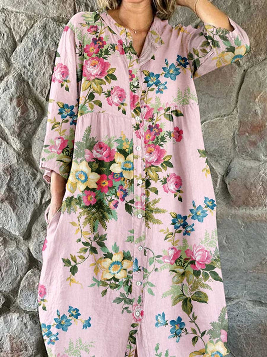 Robe chemise élégante en coton et lin à motif floral rose pour femme