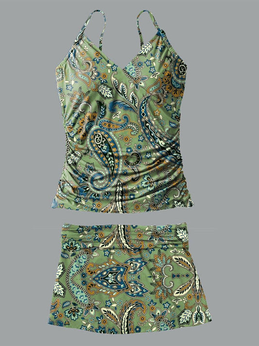 Maillot de bain tankini plissé à imprimé rétro et col en V