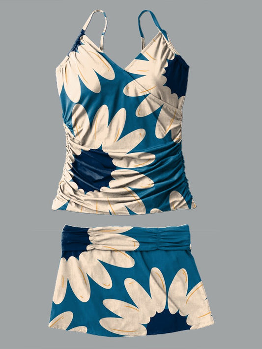 Maillot de bain tankini plissé à col en V et imprimé floral rétro