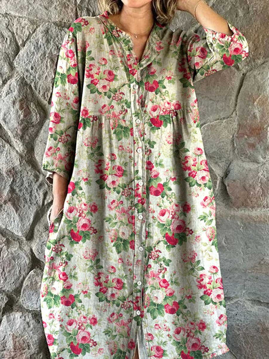 Robe élégante en coton et lin à fleurs pastorales pour femmes