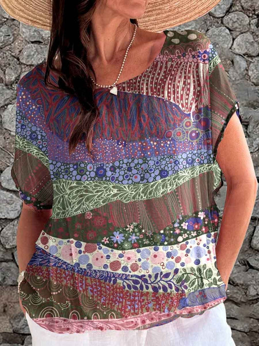 Haut à motif irrégulier à rayures florales pastorales rétro pour femmes