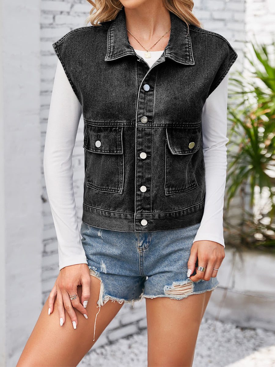 Gilet slim délavé en denim rétro pour femme