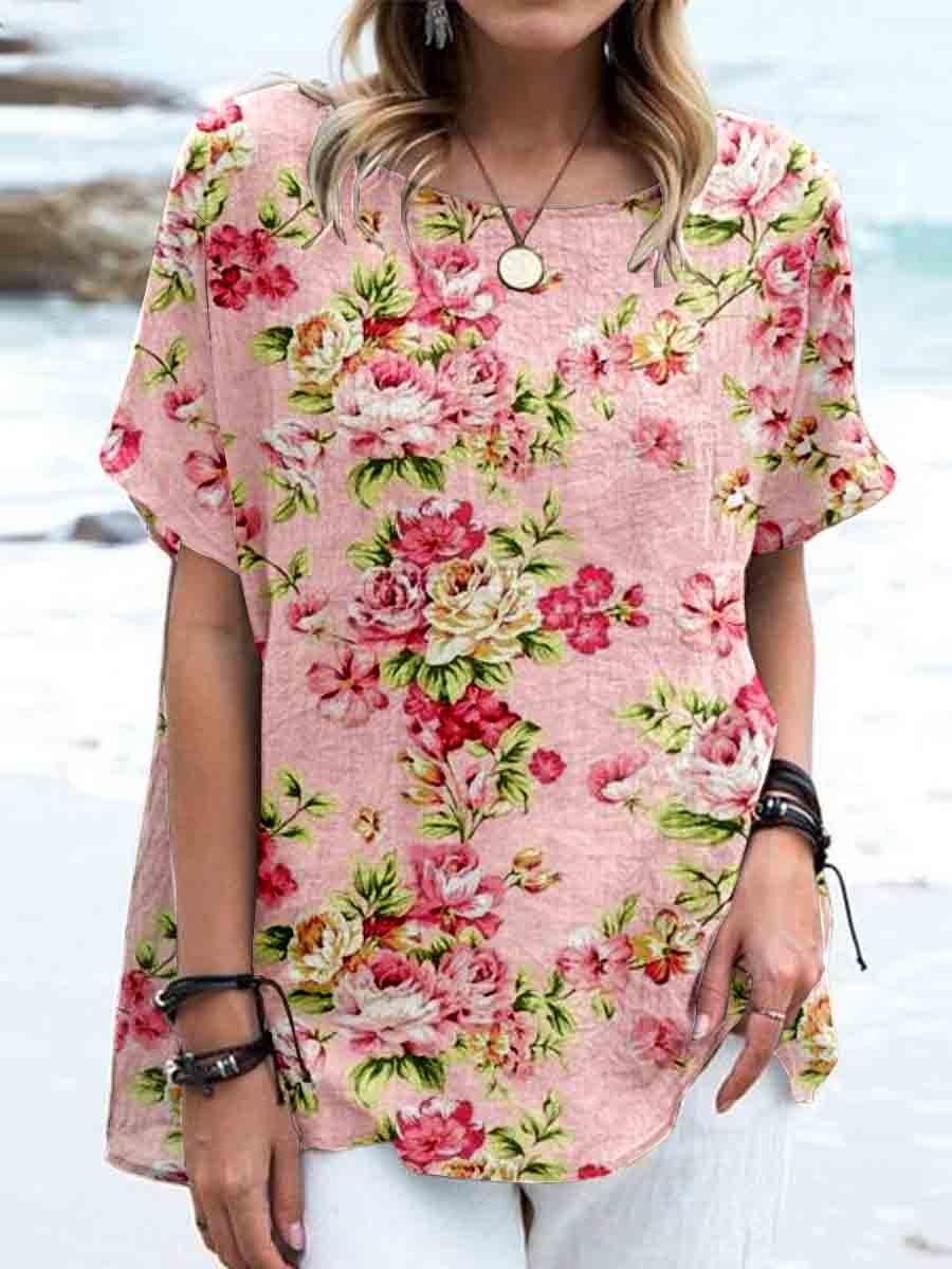 Haut élégant en lin à imprimé floral rose vintage pour femme