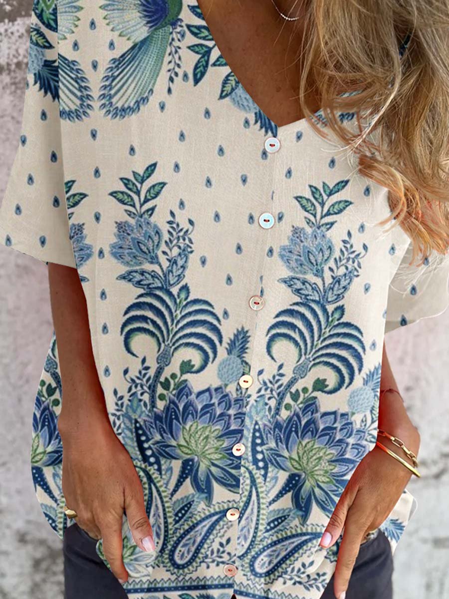Haut élégant en coton et lin à motif floral vintage pour femme