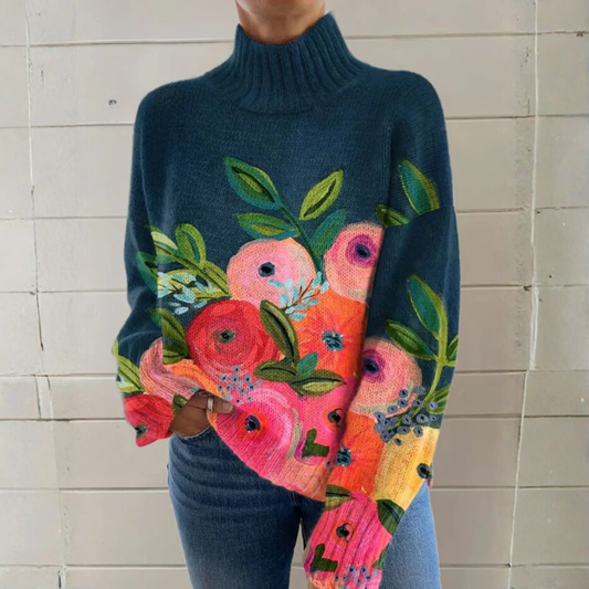 Abigail - Retro floral pattern turtleneck sweater