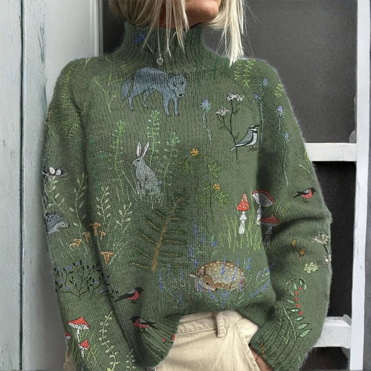 Isabella - Knitted forest and animal print turtleneck sweater