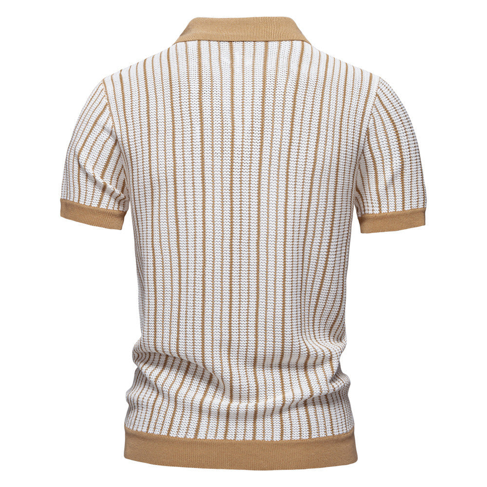 Men’s Short Sleeve Knit Polo Vertical Stripe Button Shirt