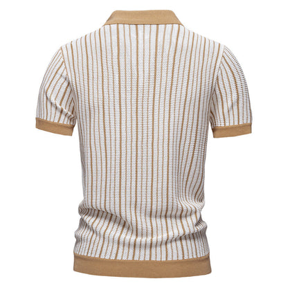 Men’s Short Sleeve Knit Polo Vertical Stripe Button Shirt