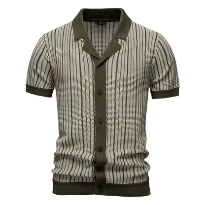 Men’s Short Sleeve Knit Polo Vertical Stripe Button Shirt