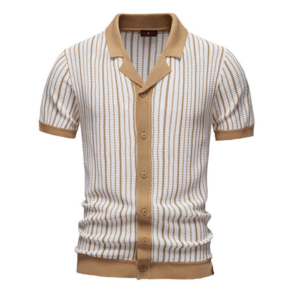 Men’s Short Sleeve Knit Polo Vertical Stripe Button Shirt