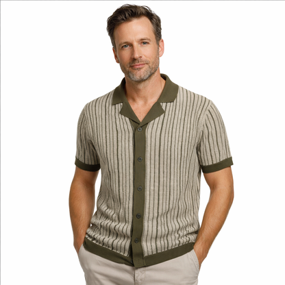 Men’s Short Sleeve Knit Polo Vertical Stripe Button Shirt
