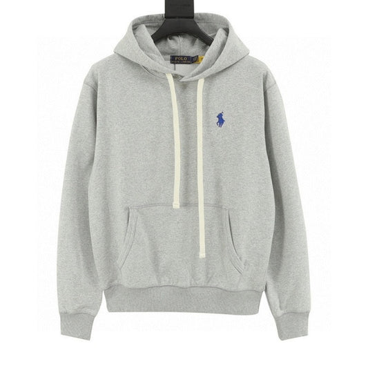 A light gray heather pullover hoodie with cream-colored drawstrings and a small blue embroidered polo player logo on the left chest, displayed on a black hanger against a white background.