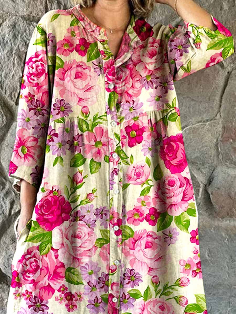 Women's Elegant Floral Pattern Cotton and Linen Dress with Pockets