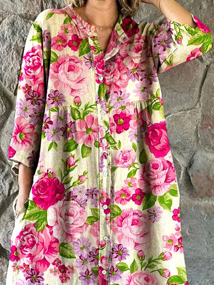Women's Elegant Floral Pattern Cotton and Linen Dress with Pockets