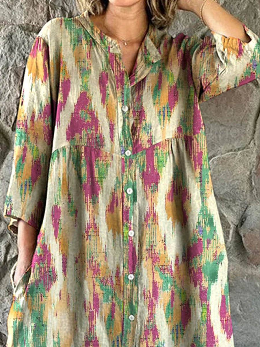 Robe chemise élégante en coton et lin à motif texturé dégradé de couleurs pour femmes 