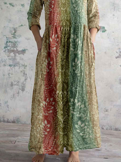 Women's Elegant Boho Geometric Pattern Color Gradient Print V-Neck Cotton and Linen Dress
