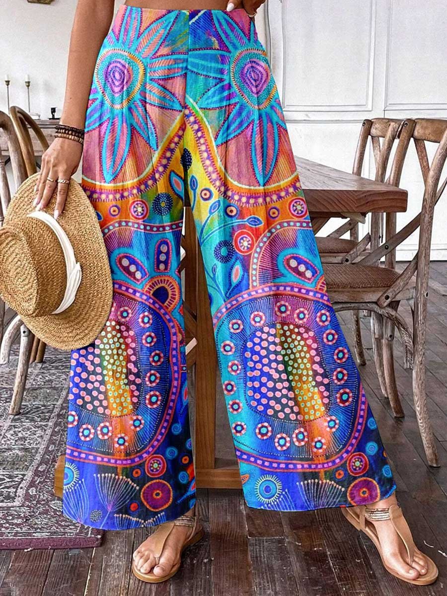 Pantalon large en coton à motif géométrique bohème artistique pour femme