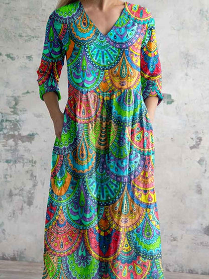 Women's V-neck Colorful Mandala Pattern Cotton And Llinen Dress