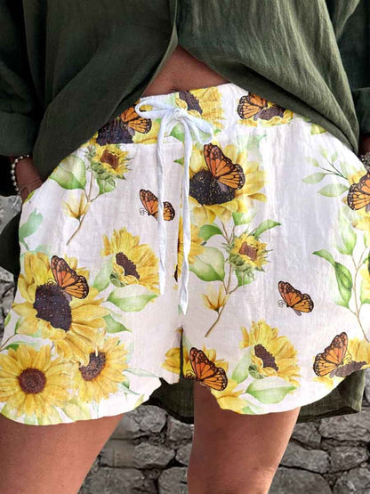 Women's Summer Elegant Simple Sunflower Floral Linen Strappy Shorts
