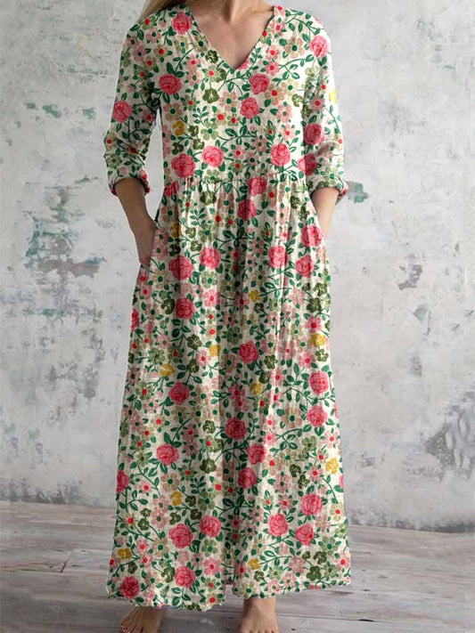 Women's Elegant Pastoral Rose Floral Cotton and Linen Dress with Pockets