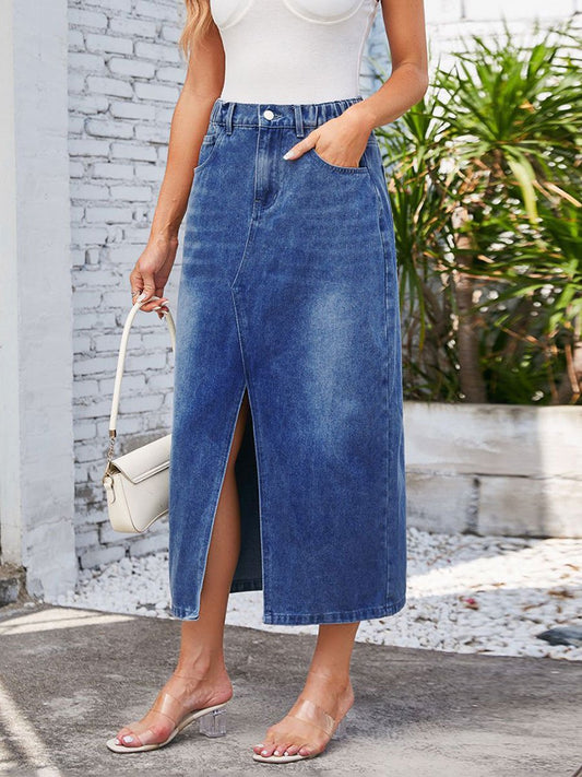 Women's Washed Elastic Waist Split Denim Midi Skirt