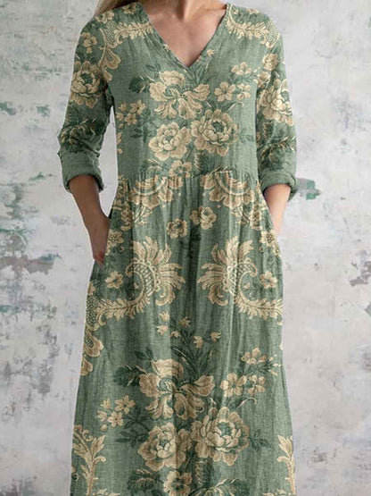Women's Elegant Ink Painting Floral Pattern Cotton and Linen Dress with Pockets