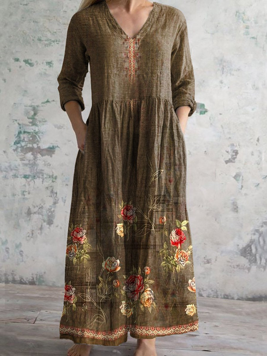 Women's Vintage Floral Print Casual Cotton Dress