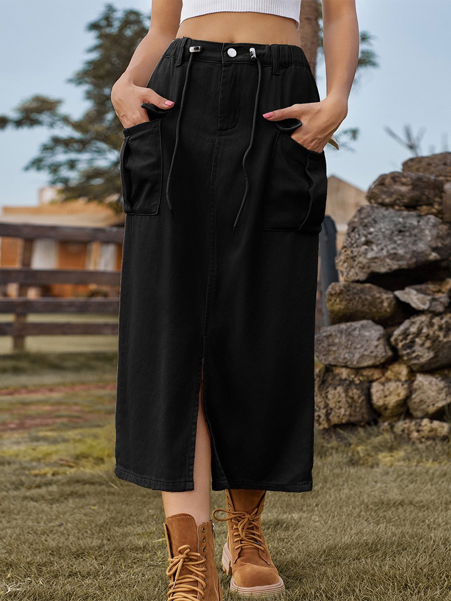 Women's Washed Lace-up Workwear Denim Slit Skirt