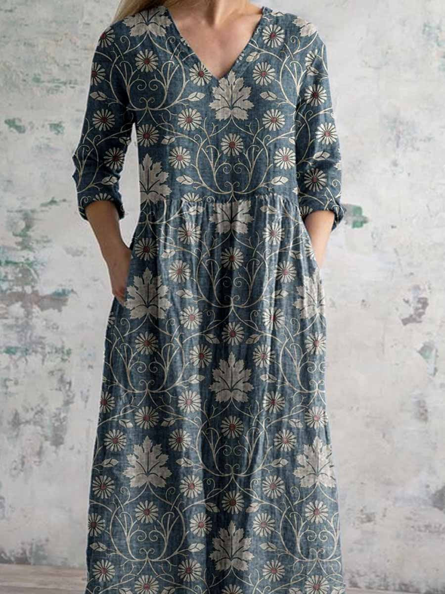 Robe élégante en coton et lin à motifs floraux vintage pour femme avec poches 