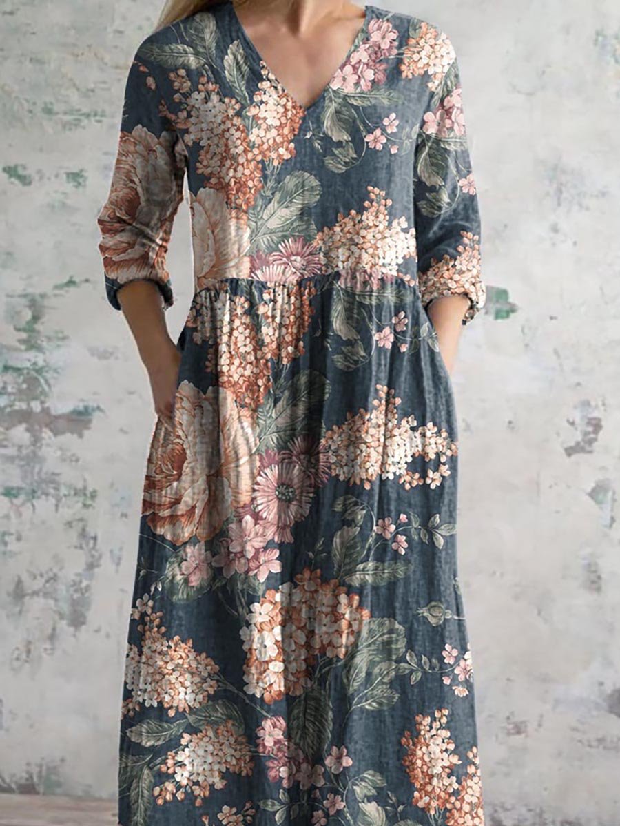 Women's Vintage Floral Print Casual Cotton Dress
