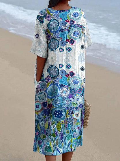 Women's Elegant Art Geometric Pattern V-Neck Flowing Linen Dress