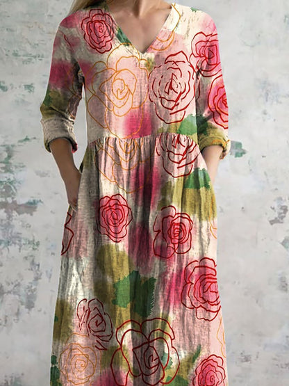 Women's Vintage Floral Art Pattern Printed Casual Cotton Dress
