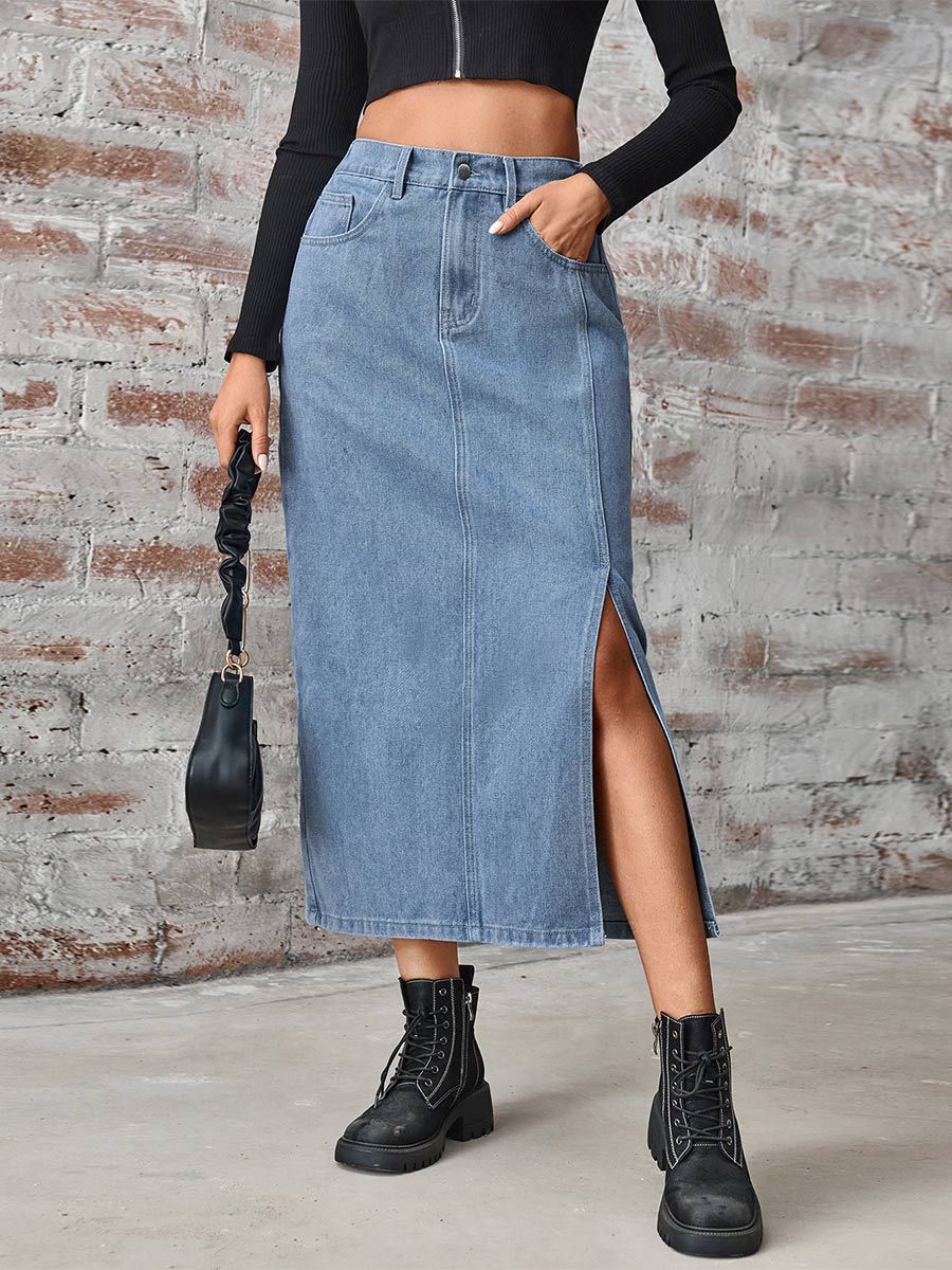 Women's Washed Denim Elastic Waist Slit Midi Skirt