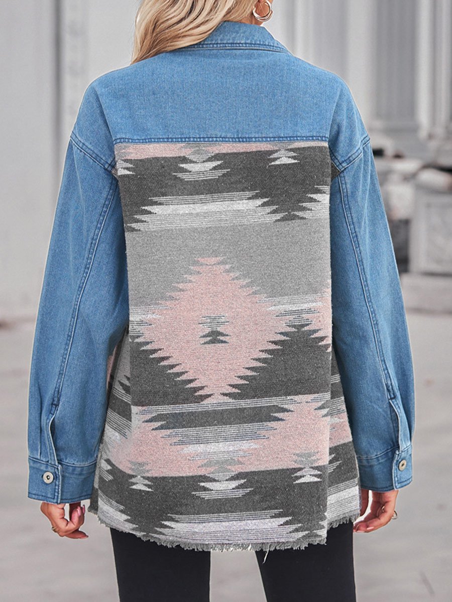 Women's Geometric Pattern Long Loose Denim Paneled Top