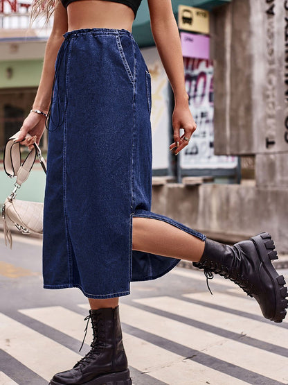 Women's Semi-elastic Waist Drawstring Denim Midi Skirtskirt