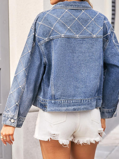 Women's Distressed Embroidered Beading Denim Jacket Top