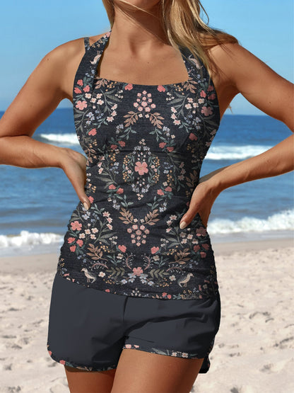 Gray Flower Symmetry Print Halter Patchwork Mid Waisted Tankini Short Set Swimsuit